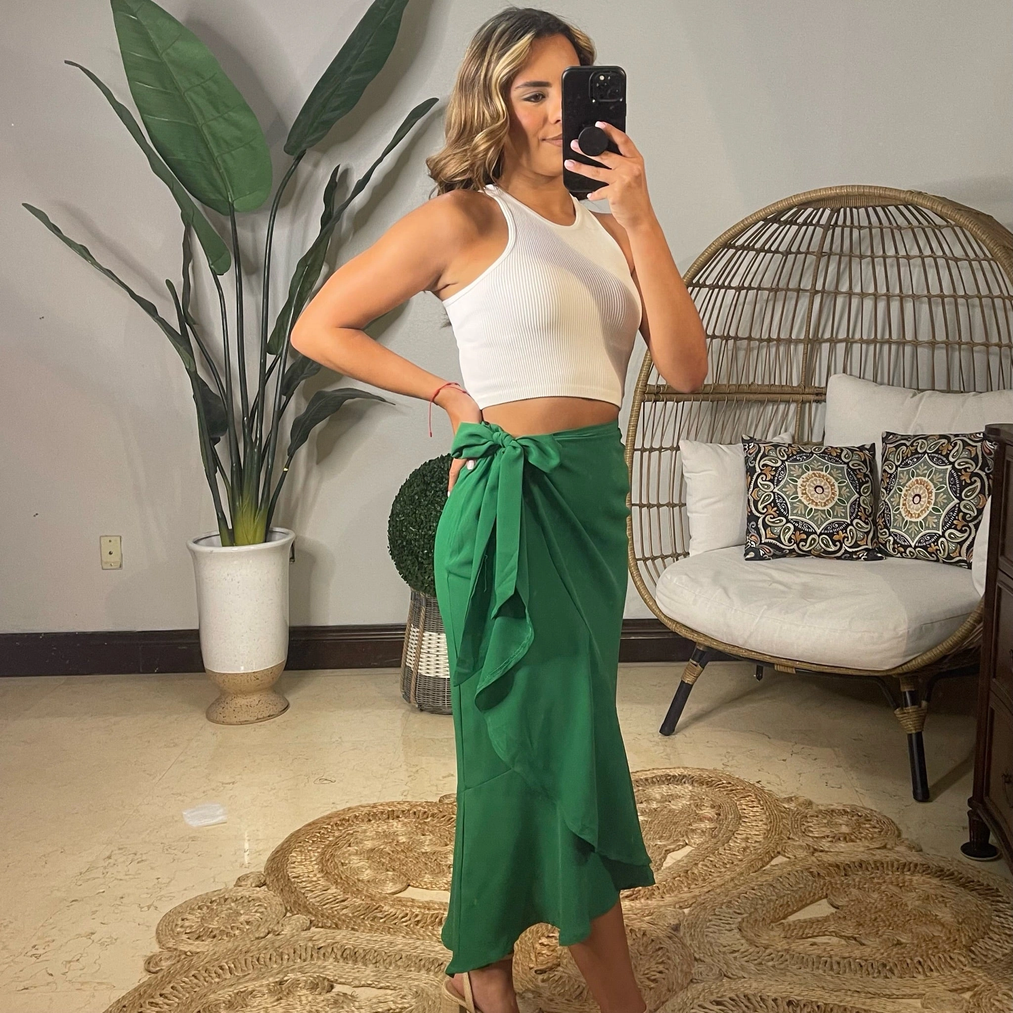 Emerald Isle Wrap Skirt: A Touch of Green, Effortlessly Chic, Perfect for Sunny Days or Cool Evenings.